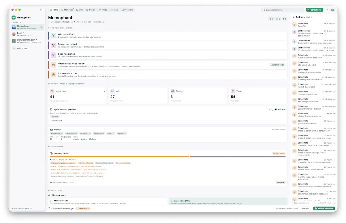 Memophant in active development — the project sidebar, a Memories note open in the reader, the tier rail, and the smart commit bar.