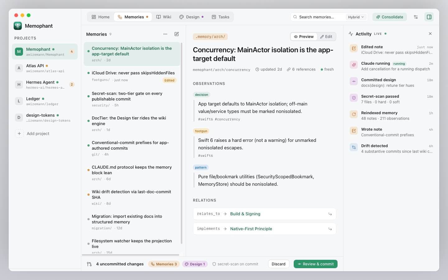 The Memories tier — a knowledge note open in the reader, with provenance metadata and related-notes panel.