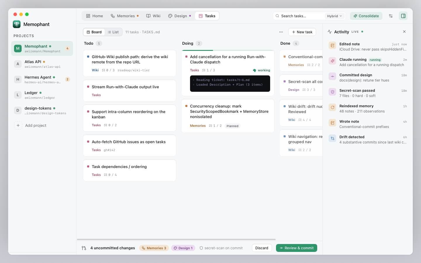 Tasks board with a running task showing live Claude output in the right pane.