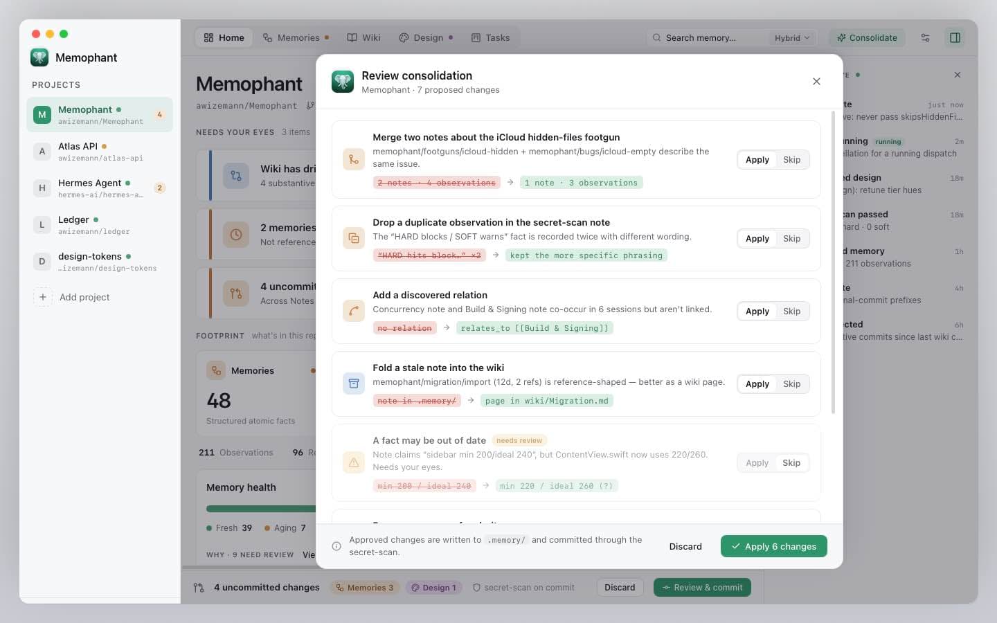 Consolidate review — proposed changes shown as before/after diffs, with per-finding approve/skip controls.
