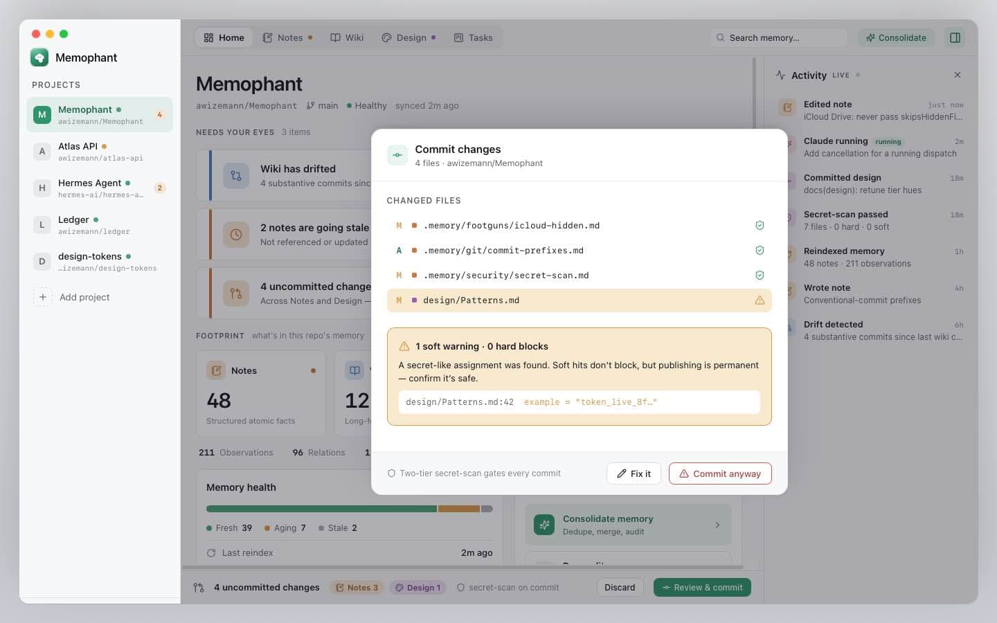 Commit sheet showing the two-tier secret scan result — blocked tokens, warnings for key-like assignments, with a green allow-to-commit button.