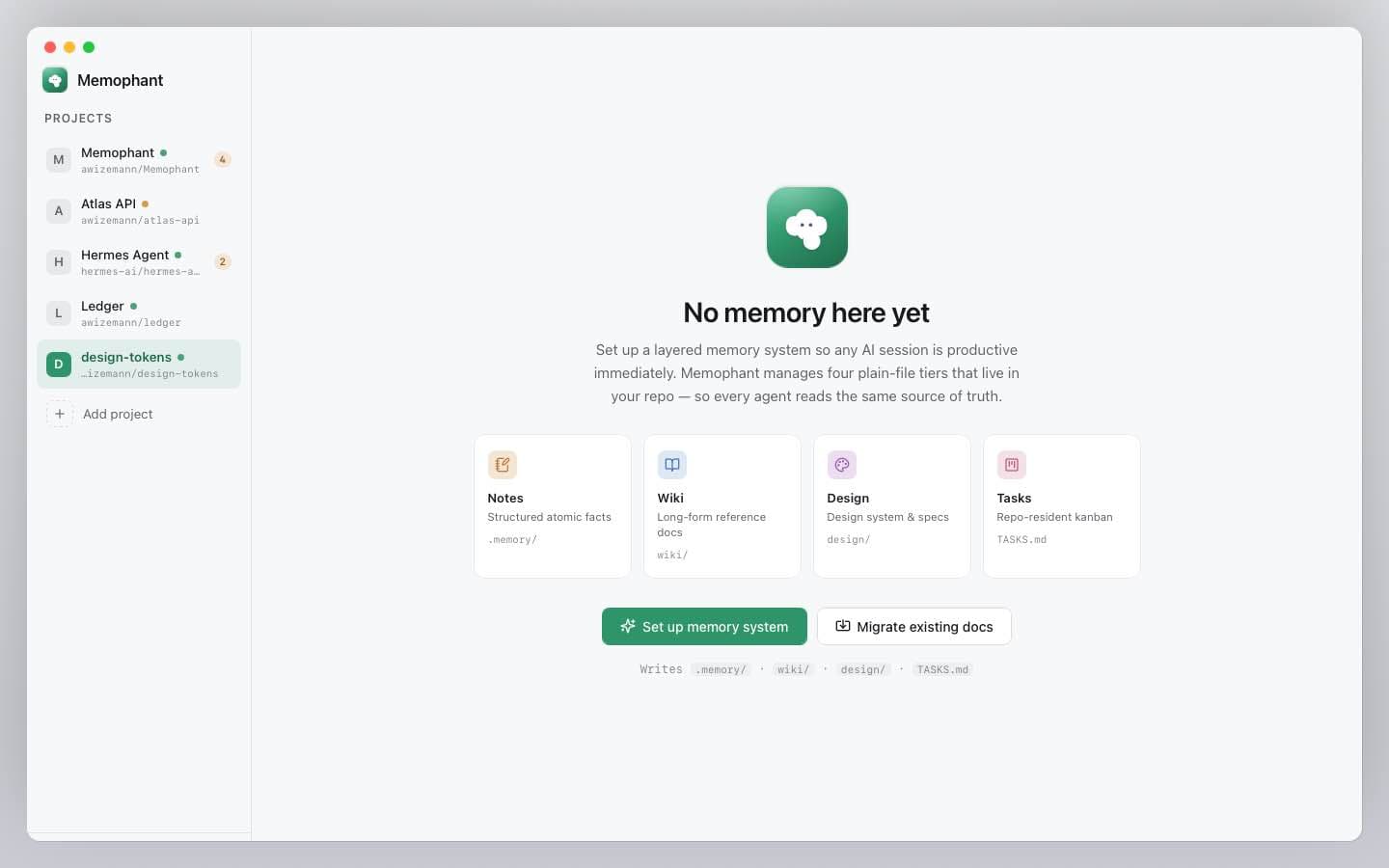 First-run setup — Memophant detects your repo, creates the .memory/ structure, and registers the MCP server.
